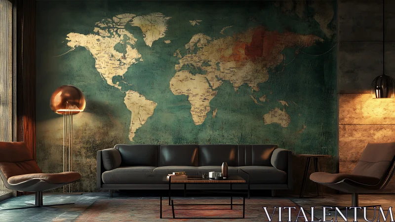 Wanderlust living room wrapped in moody world map walls.