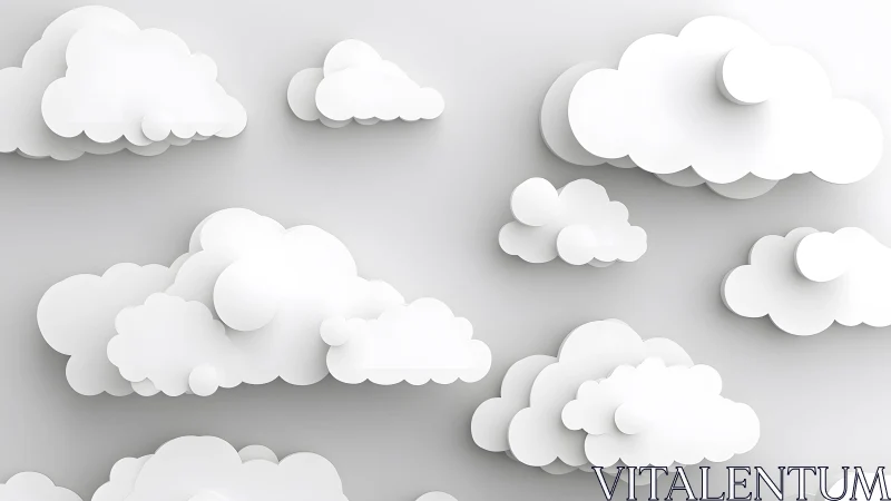 White Paper Clouds on Soft Gray Background, Minimalist 3D Style.