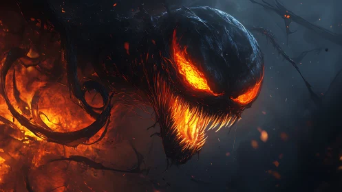 Demonic fiery symbiote head with molten jaw emerging.