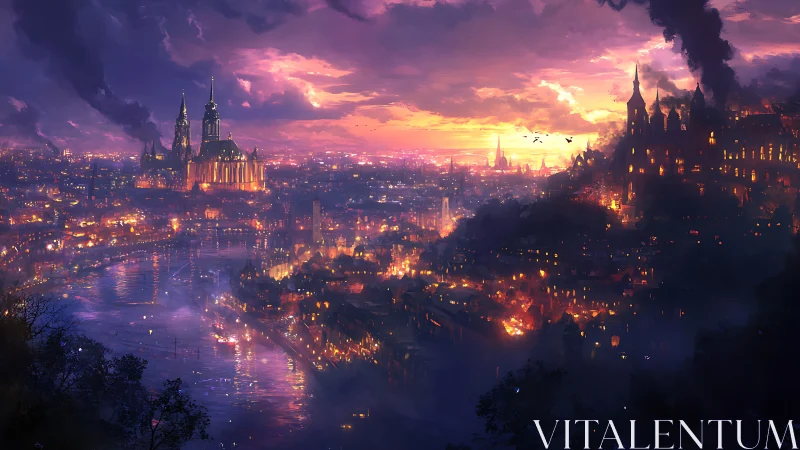 Enchanting riverside city glowing under a dreamy sunset.