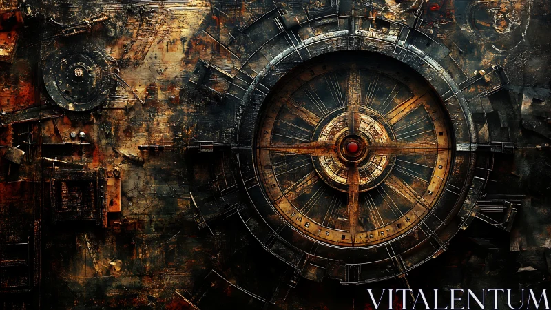 Rust-corroded mechanical dial exposes radial gears and layered casing