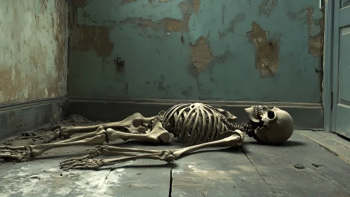 Forensic skeletal remains in decayed interior architectural setting.