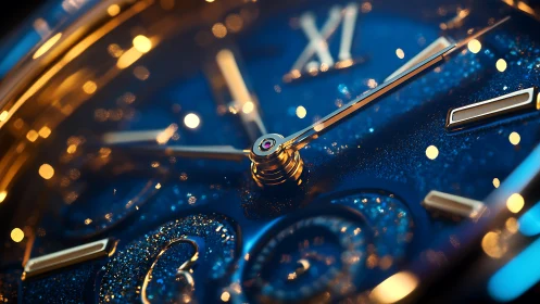 Macro view of luxury blue dial watch with bokeh reflections.