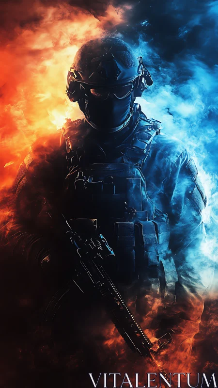 Armored soldier silhouette within dual fire and smoke field.