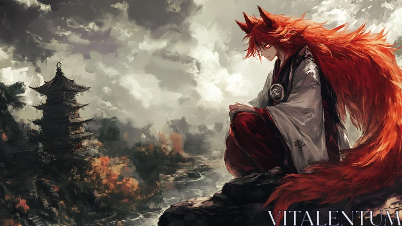 Fox spirit guardian gazes over a stormy mountain shrine