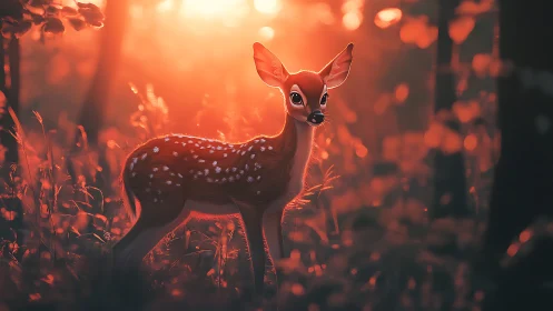 Young fawn stands in glowing orange forest dusk light.