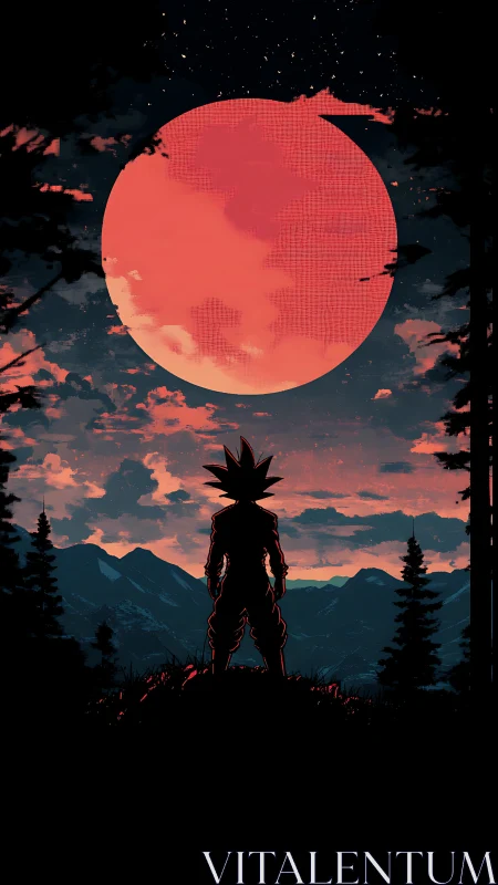 Saiyan silhouette under colossal crimson rising moon.