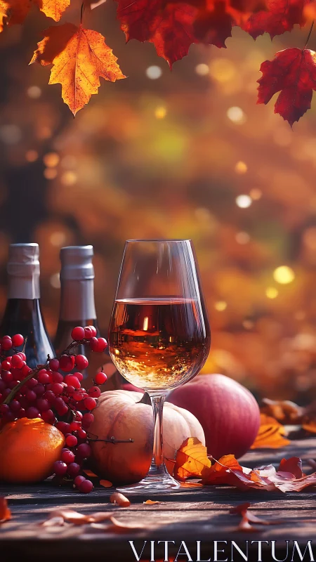 Autumn wine glass with fruit still life on rustic table.