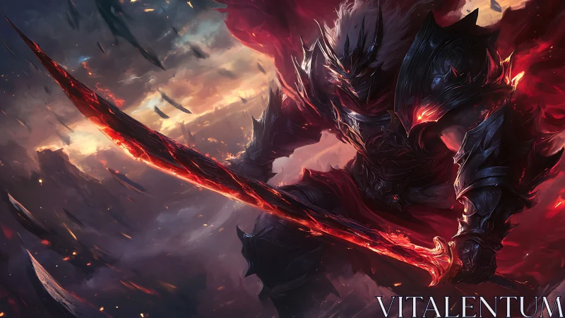 Demonic greatsword warrior strides through falling embers.