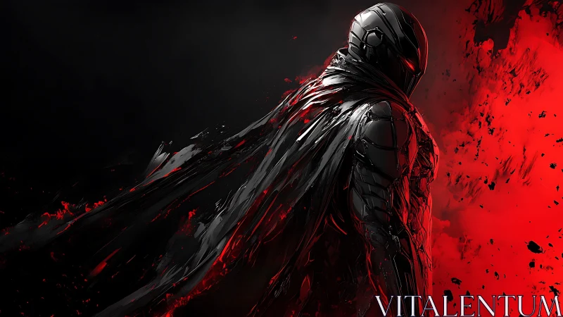 Shadow-cloaked cyber warrior emerging from molten red storm.