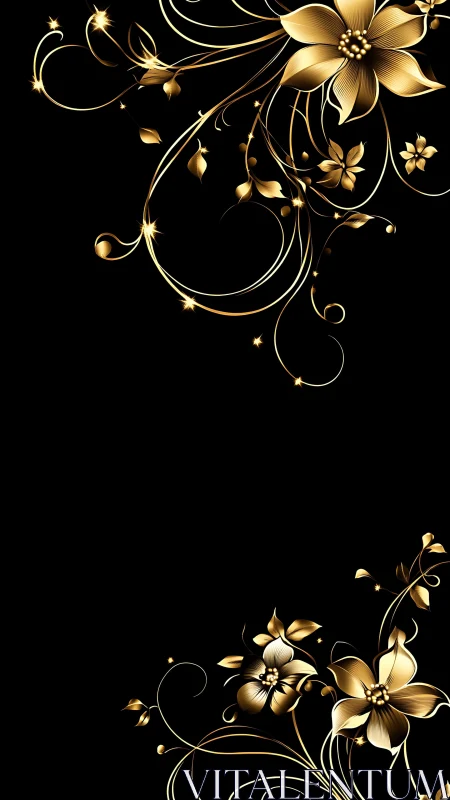 Elegant Golden Florals Dancing Against Deep Black