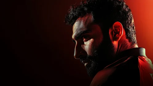 Side-lit male profile in red-toned low-key portrait setup.