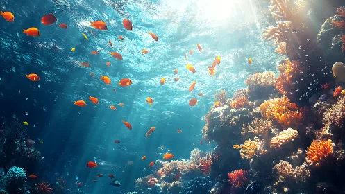 Sunlit coral reef ecosystem renders vivid pelagic fish movement