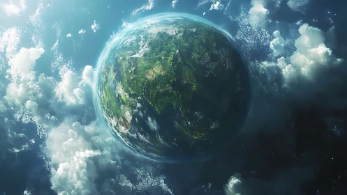 Softly lit planet Earth cradled in drifting cosmic clouds.