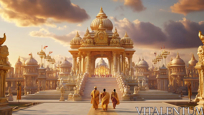 Sunlit golden temple city where pilgrims climb skyward steps.