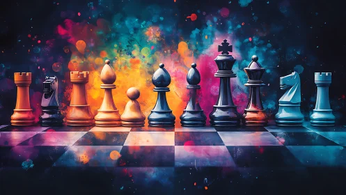 Colorful chess pieces lined on board with vivid splashes.