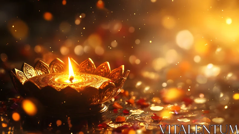 Golden lotus diya with glowing bokeh and festive warmth.