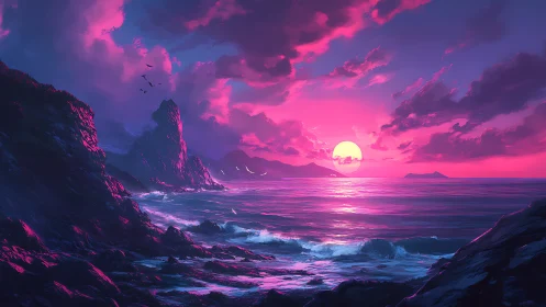 Coastal seascape shows stylized sunset over rocky shoreline