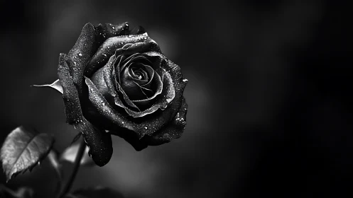 Midnight rose drinks silver rain in sculpted monochrome hush
