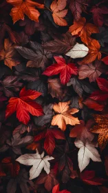 Overlapping autumn maple leaves in mixed muted colors.