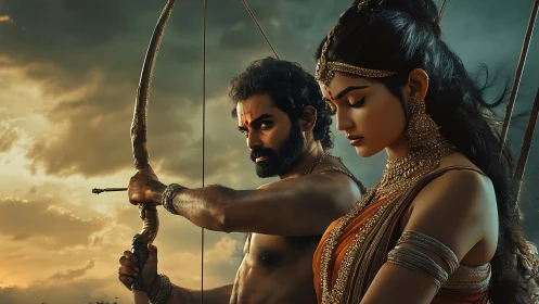 Two ornately dressed archers stand against a cloudy sky