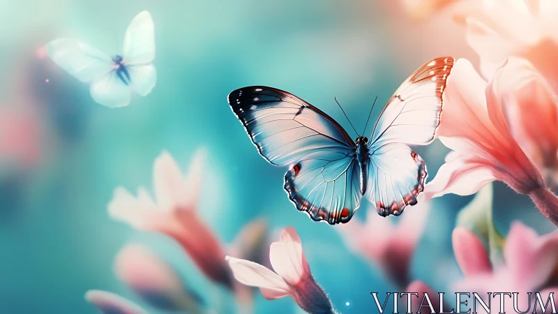 Blue butterfly rests on soft-focus flowers in diffuse light