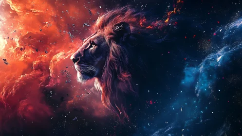 Celestial lion gazes calmly between fire and starlit sky
