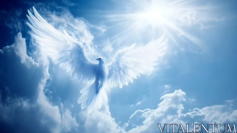 Translucent white bird form is rendered against bright sky
