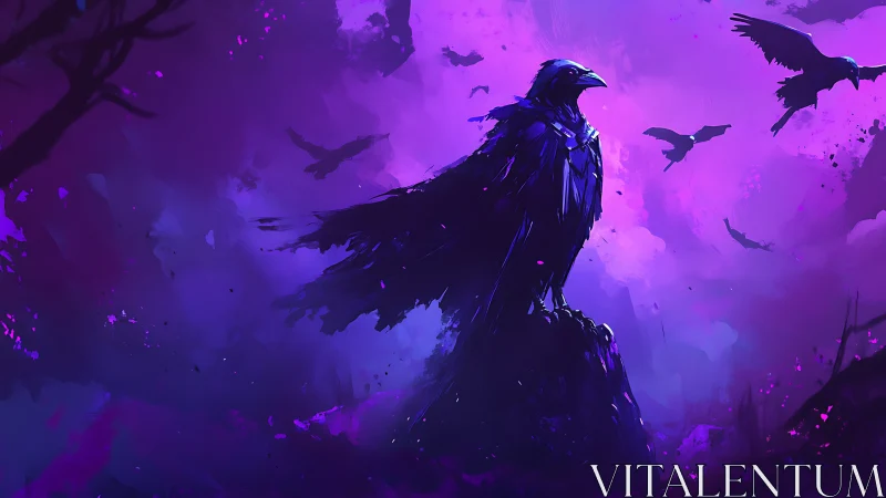 Mystic raven guardian in a swirling violet twilight storm.