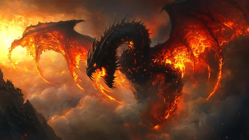 Fire-forged dragon soars through storm of molten clouds.