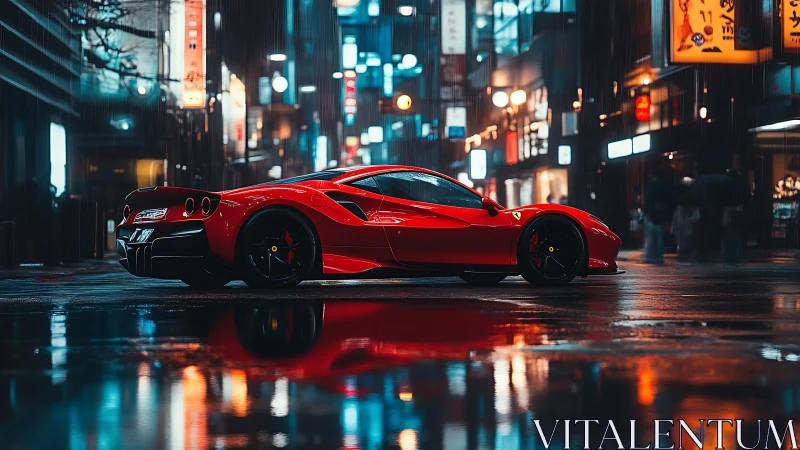 Red supercar under neon rain in cinematic night street scene.
