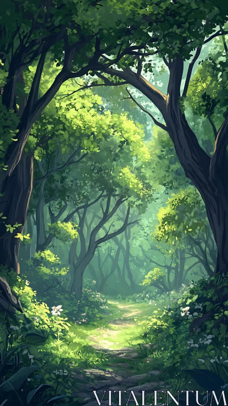 Forest Path Through Ancient Trees with Dappled Light.