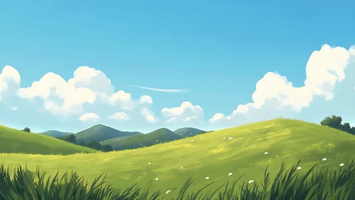 Sunlit rolling hills stretch under bright, cloud-softened skies