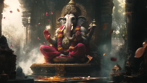 Divine Ganesha idol glows amid petals in misty temple hall.