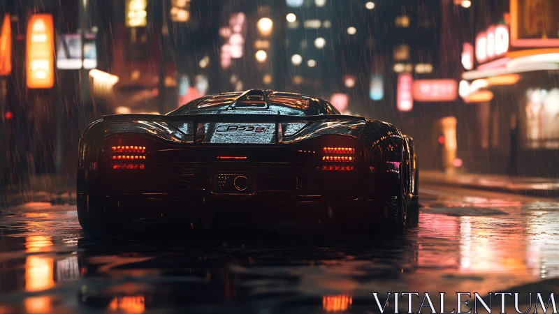 Midnight hypercar idling under neon rain-soaked skies.