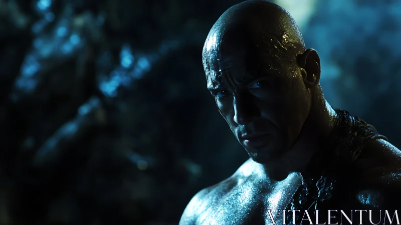 Gritty warrior stands in moody blue light, gaze unshakable