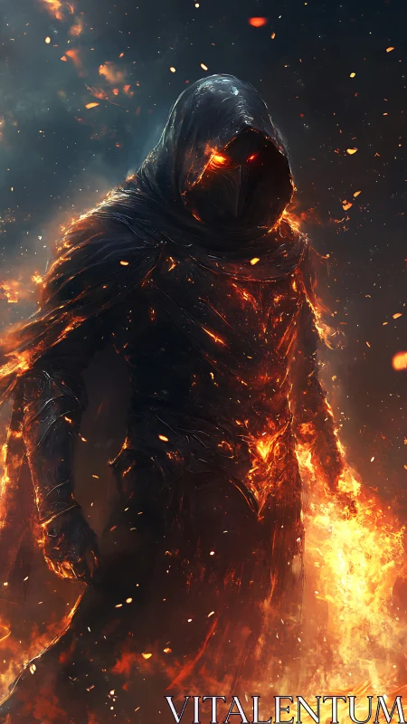 Hooded fire guardian walks through glowing embers at night