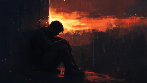 Quiet silhouette resting beneath a storm-bright sunset glow.