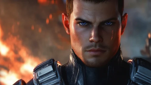 Armored soldier with intense stare before burning backdrop.