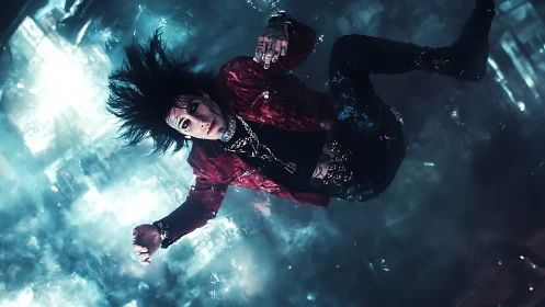 Neon-lit rocker suspended in electric cyan haze.