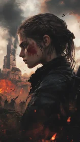 Battle-scarred warrior surveys a burning siege-torn citadel.