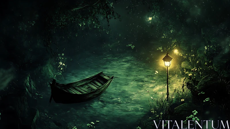 Rowboat on dim forest river under single lamppost glow.
