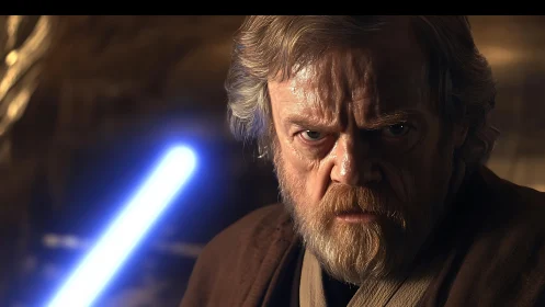 Bearded elder warrior portrait with blue energy blade glow