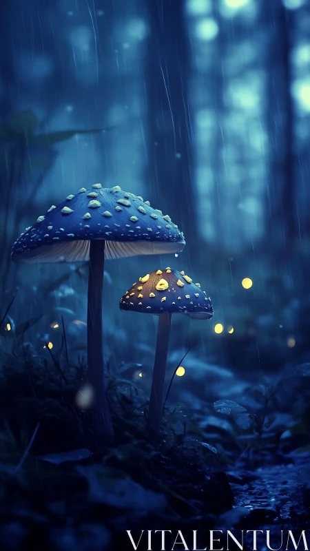 Glowing forest mushrooms sharing a rainy midnight secret.