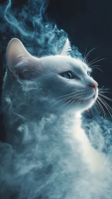Mystical white cat emerges from swirling blue smoke veil