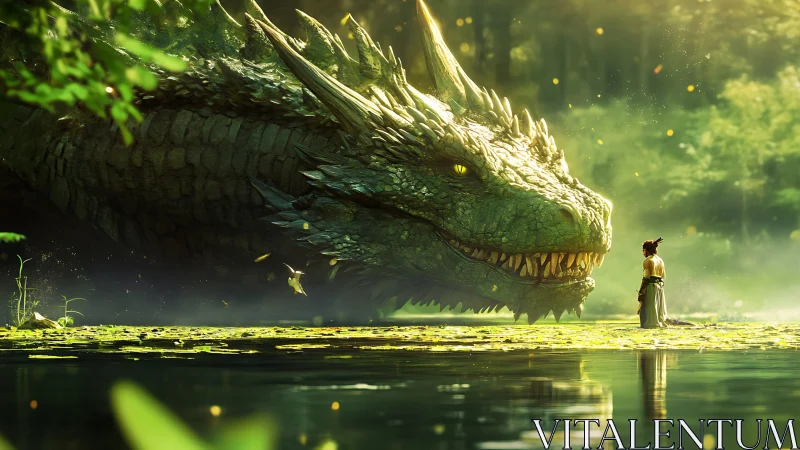 Warrior meets colossal forest dragon beside glowing lake