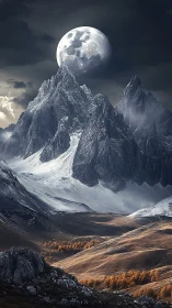 Massive moon above sharp snowy mountains at dusk