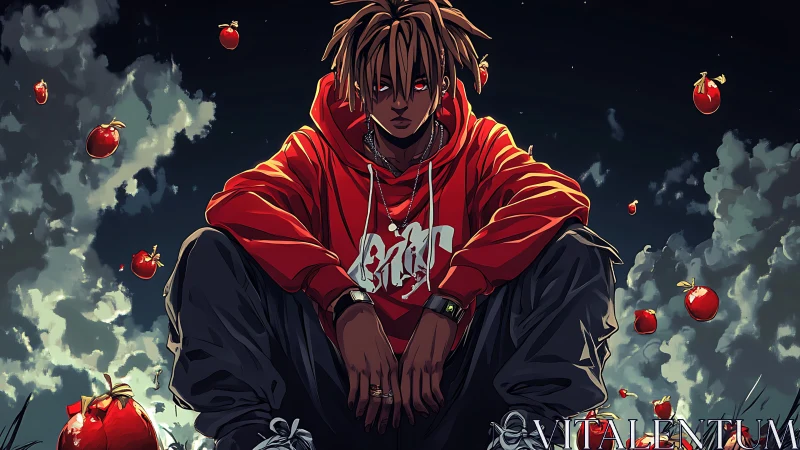 Dynamic anime portrait of hooded youth amid levitating red apples