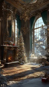 Ornate winter salon interior with decorated Christmas tree.