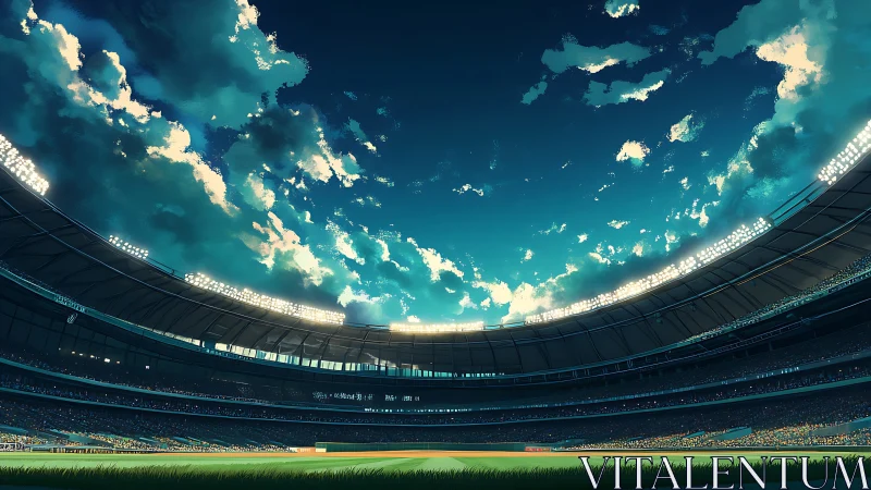 Curved stadium panorama captures twilight sky over lit field